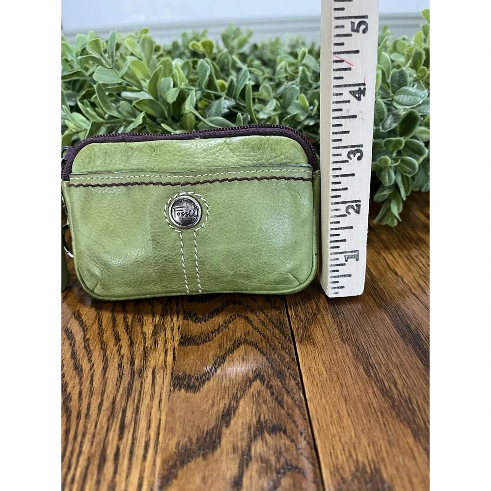 Vintage Fossil Green Leather Zip Coin ID Mini Pouch Purse Wallet